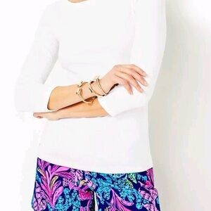 Lilly Pulitzer Waverly? NEW Resort White 3/4 Sleeve Top Gold Buttons Modal Large